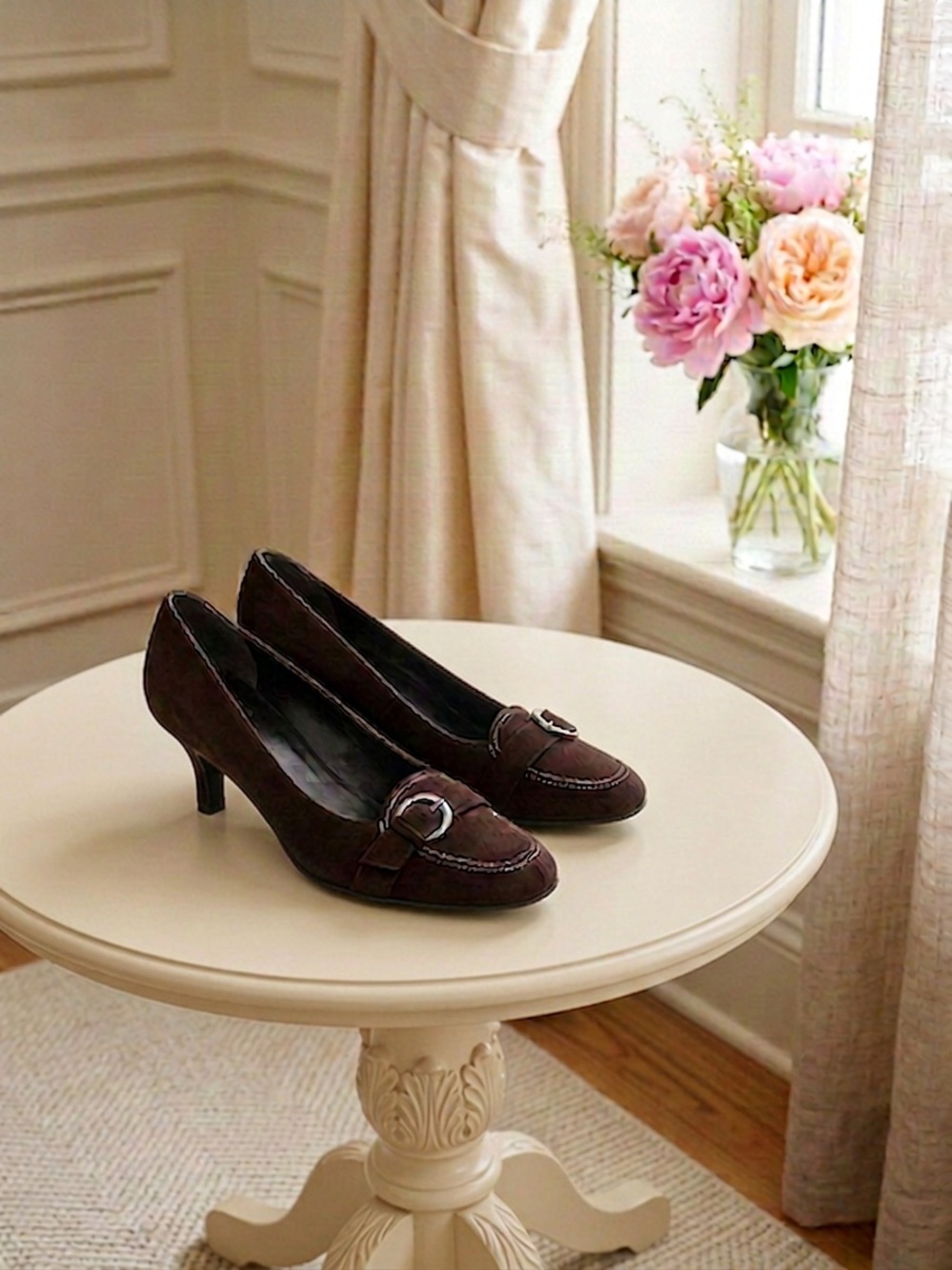 Stuart Weitzman Dark Brown Suede Low Heel Pumps with Buckle